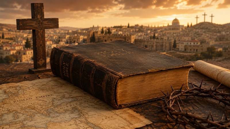 Bible, wooden cross, and ancient Roman Empire map representing the history and origins of Christianity