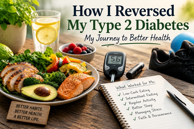Low-carb foods, glucose meter, and healthy lifestyle habits representing how I reversed my type 2 diabetes