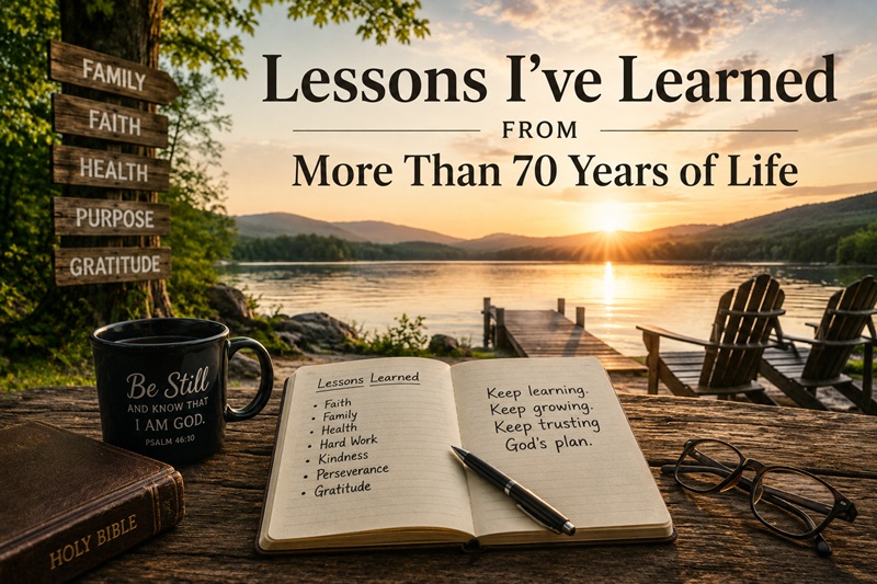 Journal, Bible, and lakeside scene representing lessons learned from more than 70 years of life