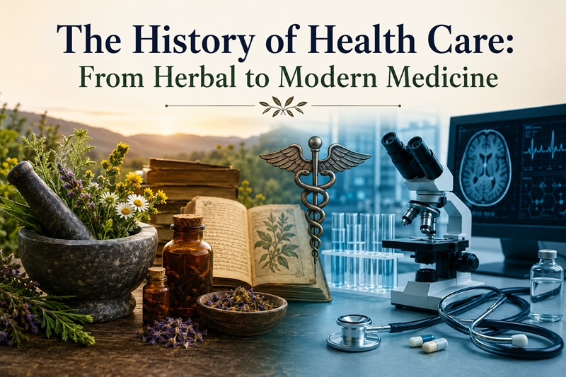 Herbal remedies beside modern medical equipment showing the history of health care from traditional to modern medicine