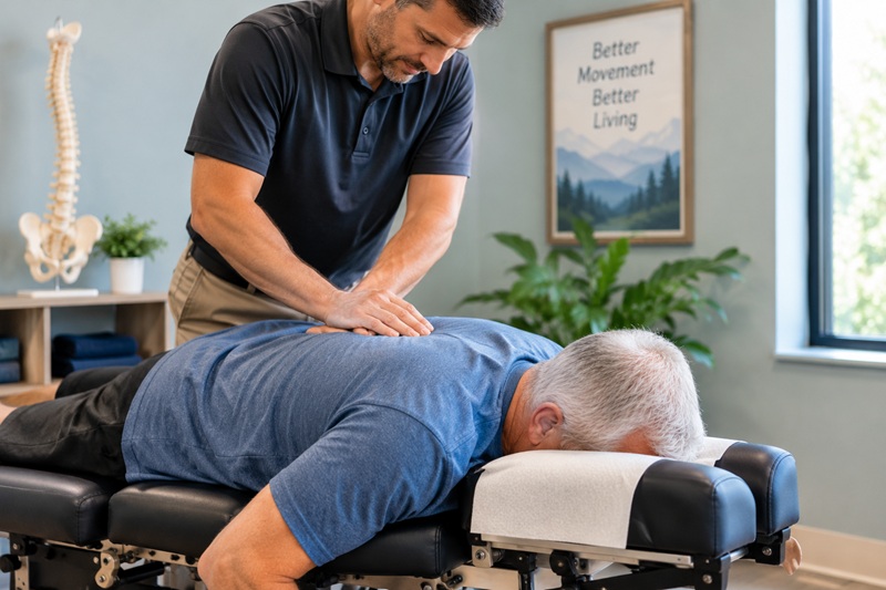Chiropractor performing a gentle back adjustment on an older man in a clinic