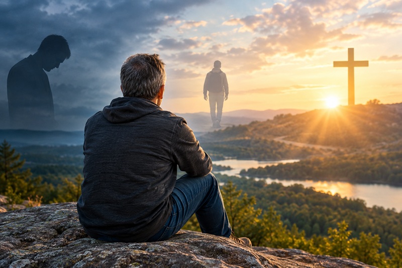 A man looking toward a cross at sunrise, symbolizing his journey back to faith in God.