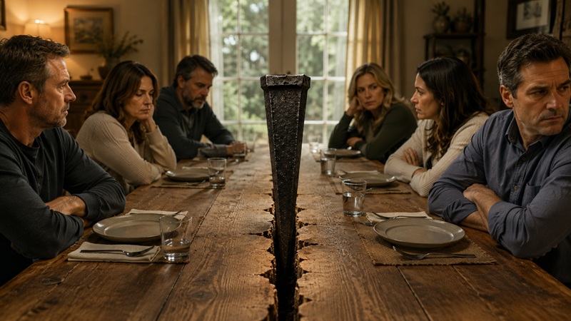 family divided at the dinner table with a wedge in the middle of the table